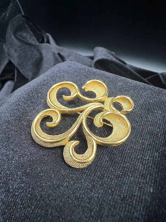 Trifari Gold Tone Scroll Brooch | Vintage Openwork Designer Pin