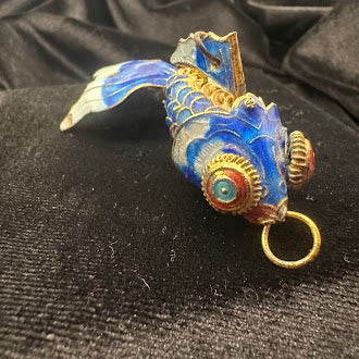 Blue Enamel Cloisonne Articulated Fish Pendant Gold Tone Wirework Detail