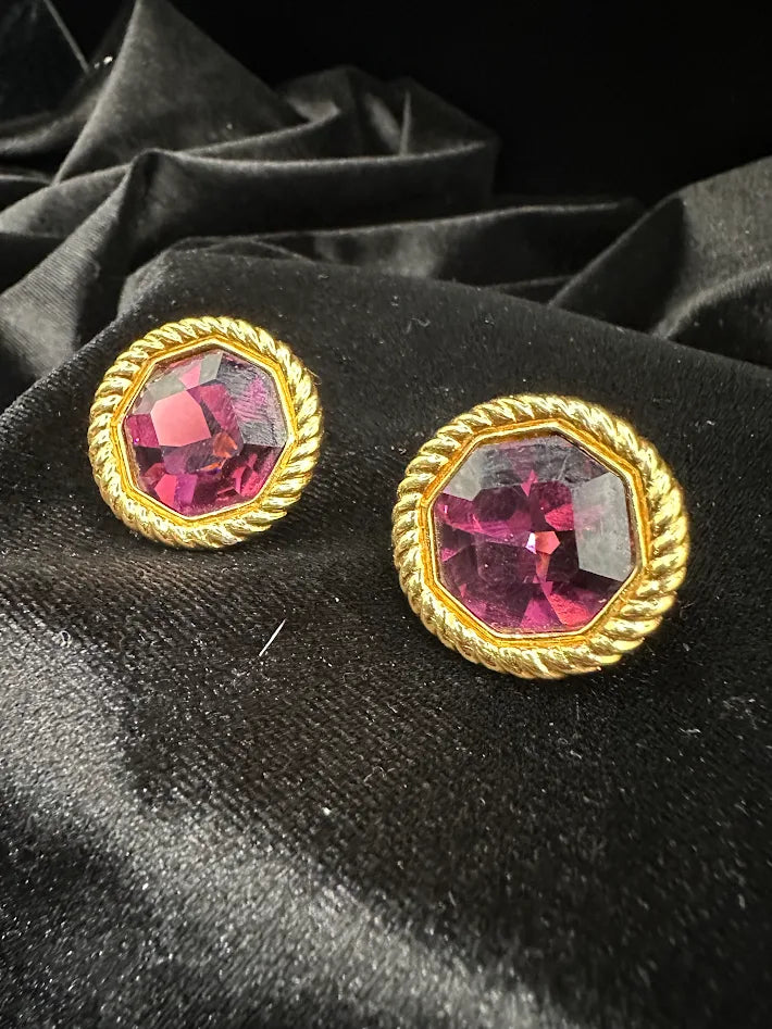 Swarovski Gold Tone Magenta Crystal Button Earrings Faceted Round Rhinestone Designer Vintage Jewelry