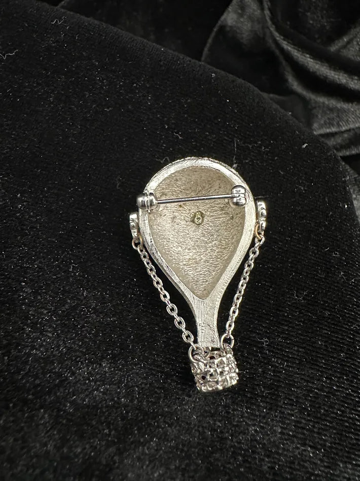 Vintage Silver Tone Hot Air Balloon Brooch Draped Chain Basket Pin Detailed Textured Statement