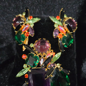 Alice Caviness Brooch and Earrings Set Gold Tone Multicolor Rhinestone Set Purple Green Orange Stones Black Navettes Signed Vintage Costume Jewelry