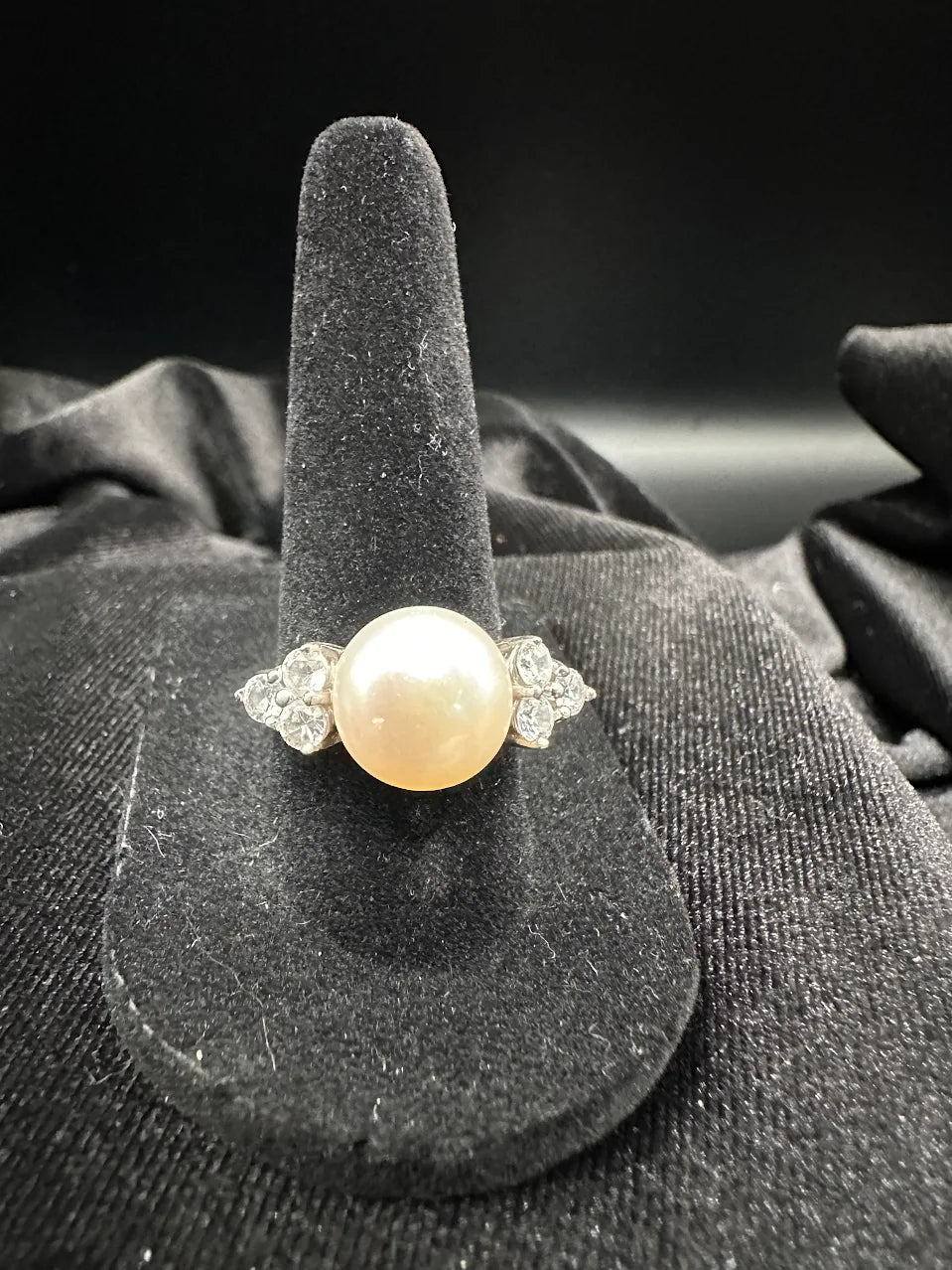 Silver Tone Pearl and Crystal Accent Ring