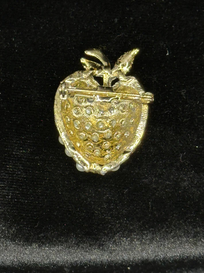 Vintage Faux Pearl Apple Brooch Gold Tone Cluster Fruit Pin Enamel Leaves Classic Elegant Jewelry