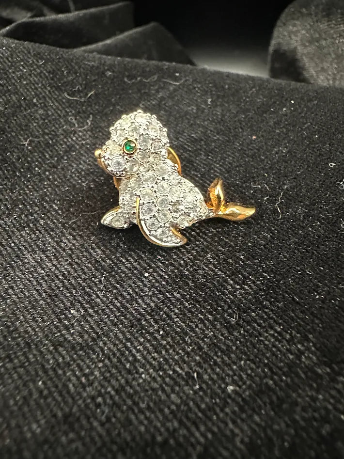 Swarovski Crystal Seal Brooch Gold Tone Clear Pavé Rhinestone Pin Green Eye Figural Animal Vintage Style Jewelry