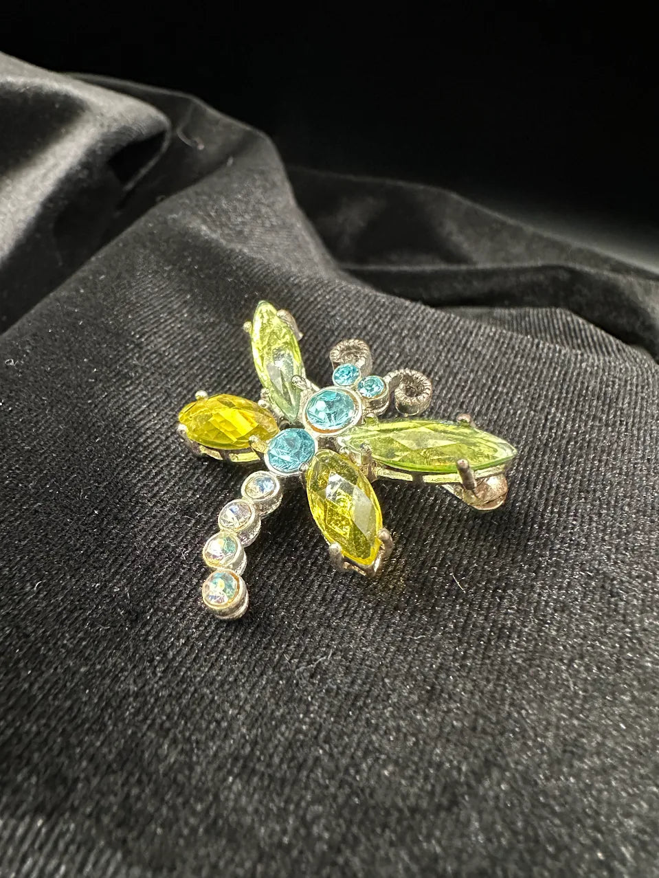 Silver Tone Blue and Green Crystal Dragonfly Brooch