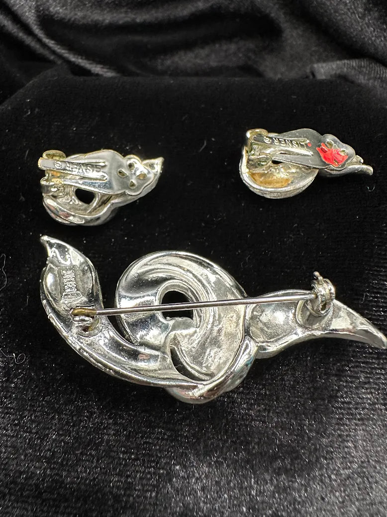 Lisner Silver Tone Swirl Brooch and Earring Set Textured Ribbon Knot Design