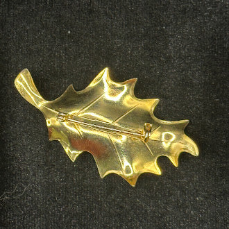 Green Enamel Holly Leaf Christmas Brooch with Red Rhinestone Berries