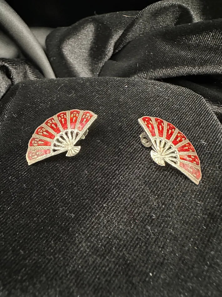 Vintage Siam Sterling Silver Red Enamel Fan Clip Earrings Thai Niello Folding Fan Design