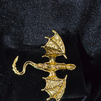 Vintage Gold Tone Green Enamel Flying Dragon Brooch with Rhinestone Accents | Fantasy Creature Statement Pin