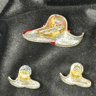 Mj Red Enamel Hat Brooch And Earrings Set Gold Tone Flower Accent Ladies Hat Pin Signed
