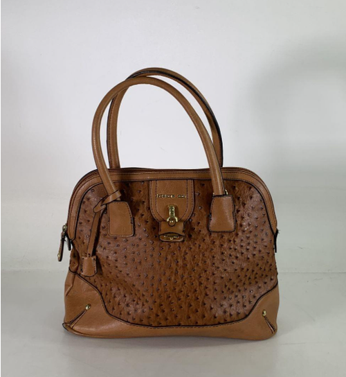 (SOLD) London Fog Brown Ostrich Embossed Dome Satchel Bag Structured Zip Top Shoulder Purse