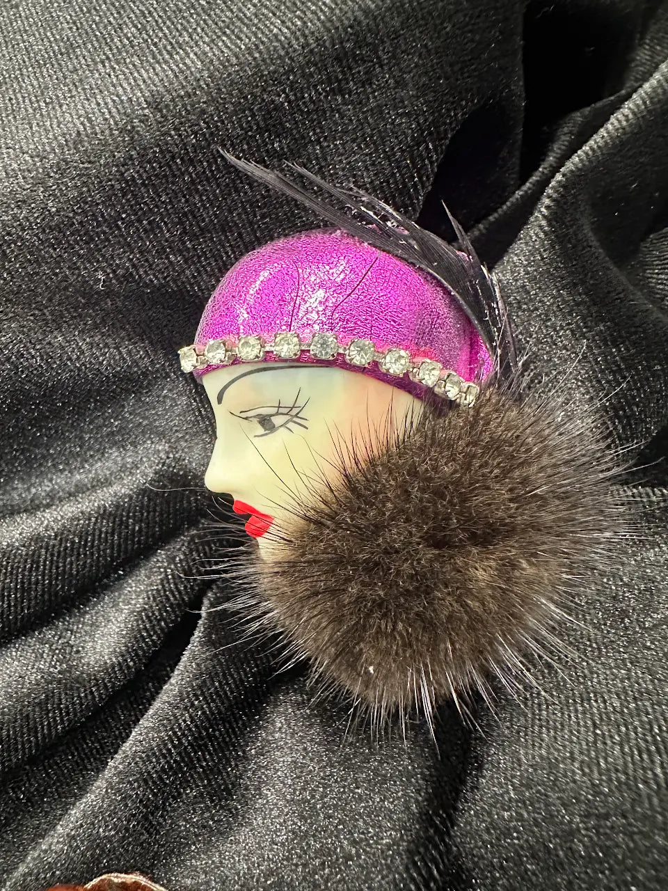 Vintage Magenta Flapper Lady Brooch with Faux Fur Collar, Rhinestone Hat Band & Feather Accent
