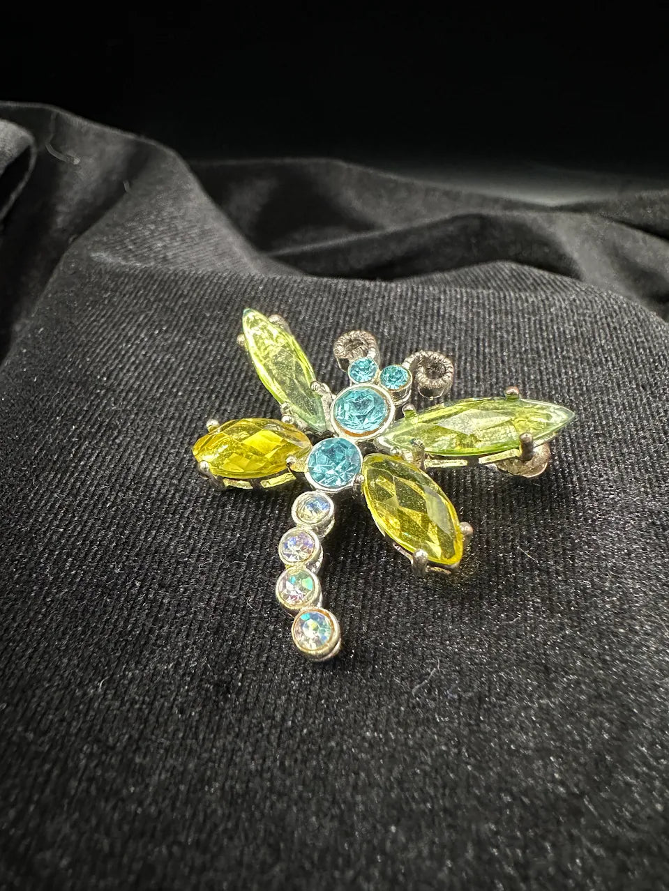 Silver Tone Blue and Green Crystal Dragonfly Brooch
