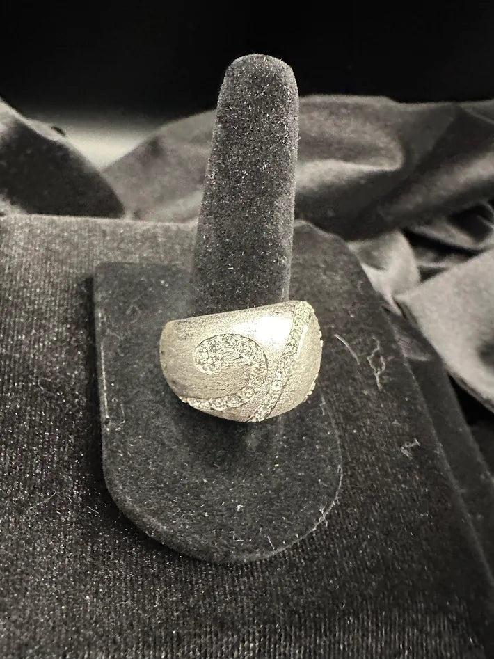 925 Sterling Silver Brushed Dome Ring Chunky Statement Ring Swirl Texture Crystal Accent Size 8