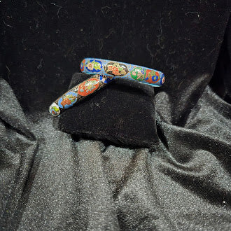 Vintage Cloisonne Enamel Bangle Bracelet Set of 2 in Blue and Black with Floral Motif, Glossy Finish, Curated Estate Stack Style