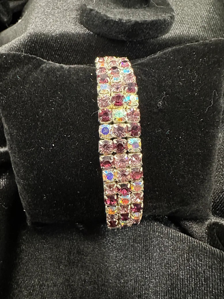 Vintage Pink Rhinestone Bracelet & Ring Set – Wide Art Deco Style Crystal Expansion Bracelet Size 7 Statement Ring