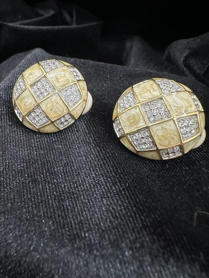 Swarovski SAL Crystal Clip Earrings Gold Tone Enamel Checkerboard Dome Vintage Signed
