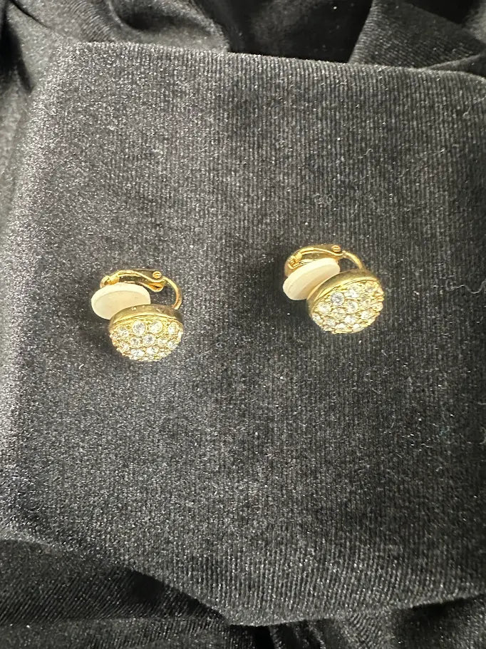 Swarovski Gold Tone Crystal Dome Clip Earrings | Signed Designer Button Earrings