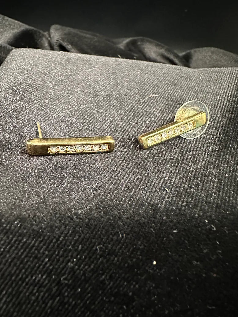 Swarovski Gold Tone Crystal Bar Stud Earrings Minimalist Designer Rhinestone Jewelry