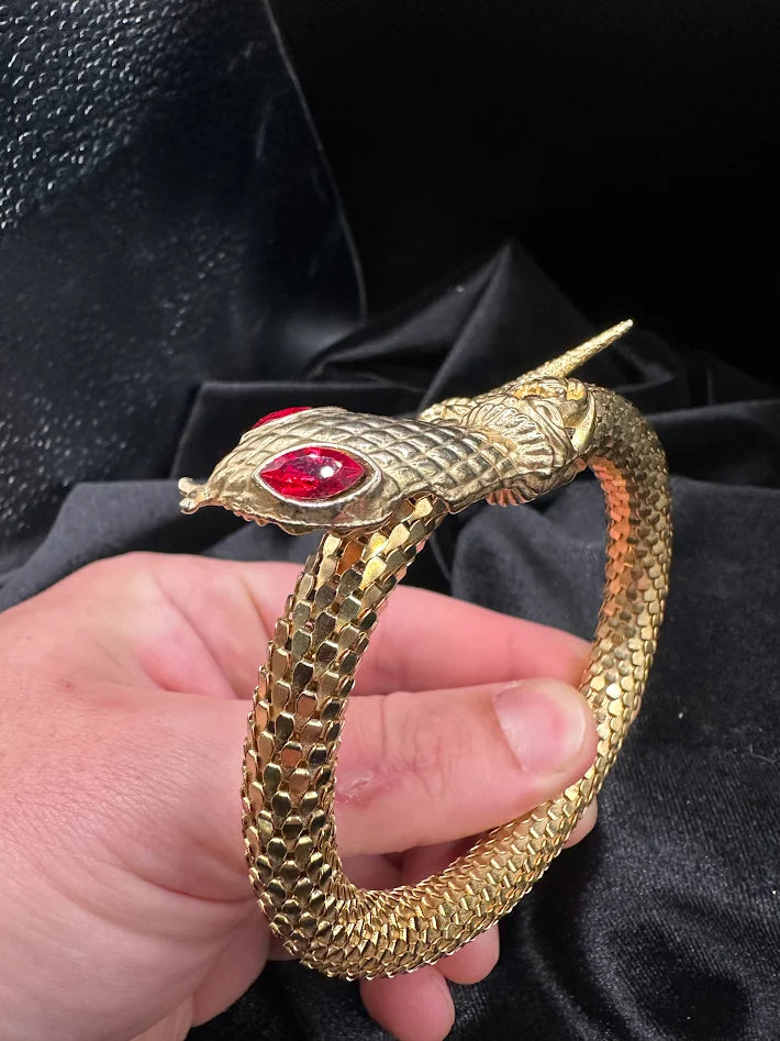 Gold Tone Snake Bracelet Red Crystal Eye Serpent Wrap Bangle Textured Scale Statement Jewelry