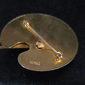 Spain Cloisonne Painters Palette Brooch Gold Tone Enamel Paint Dabs
