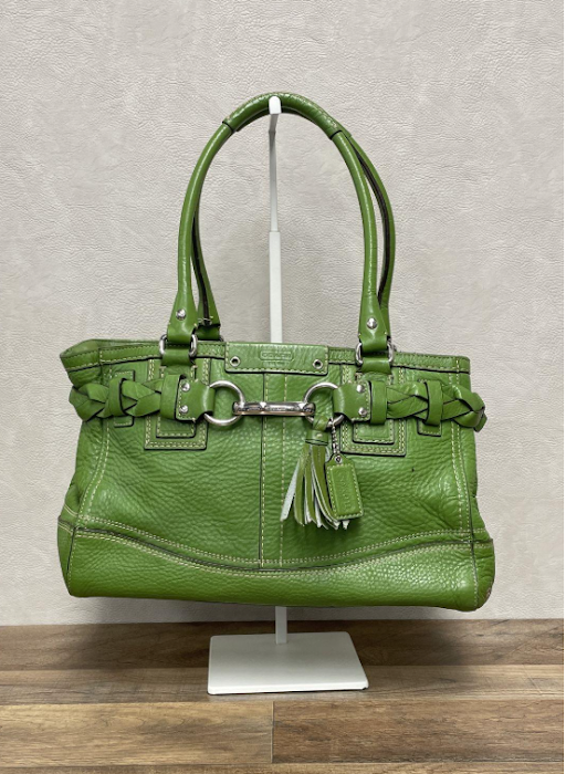 Coach Hampton Green Pebbled Leather Tote with Braided Trim, Silver Hardware Shoulder Bag
