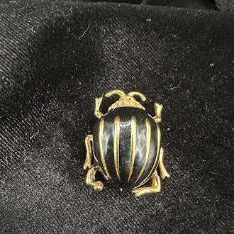 Vintage Gold Tone Black Enamel Beetle Brooch Scarab Style Statement Pin Figural Insect Jewelry Dimensional