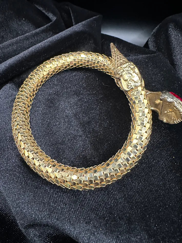 Gold Tone Snake Bracelet Red Crystal Eye Serpent Wrap Bangle Textured Scale Statement Jewelry