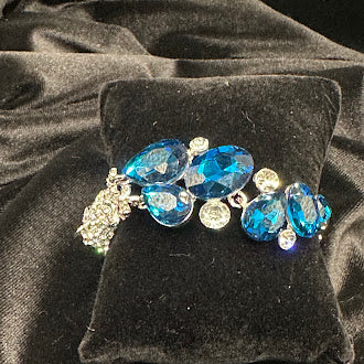 Silver Tone Panther Bracelet with Blue Crystal Stones Big Cat Statement Rhinestone Jewelry Vintage Style