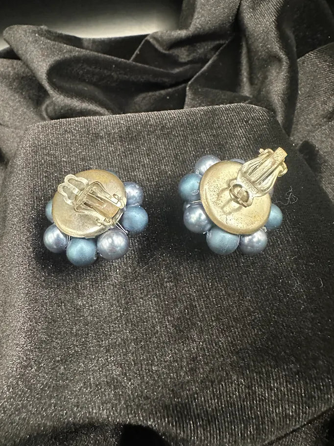 Vintage Blue Faux Pearl Beaded Cluster Clip Earrings | Dimensional Button Earrings