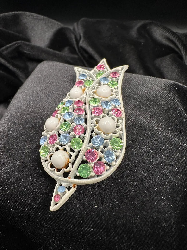 White Enamel Tulip Brooch Pastel Rhinestone Floral Pin