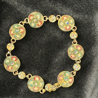 (SOLD) Vintage Italian Style Micro Mosaic Link Bracelet Gold Tone Floral Mosaic Bracelet Multicolor Glass Tesserae