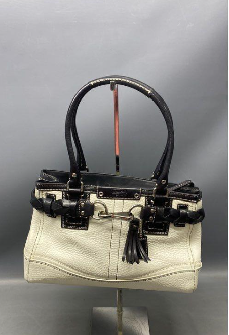 Coach F13084 Hamilton Leather Satchel Bag Black White Designer Tassel Handbag
