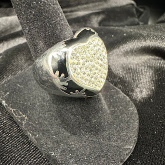 Edforce Black Enamel & White Rhinestone Heart Signet Ring Stainless Steel Size 5.75