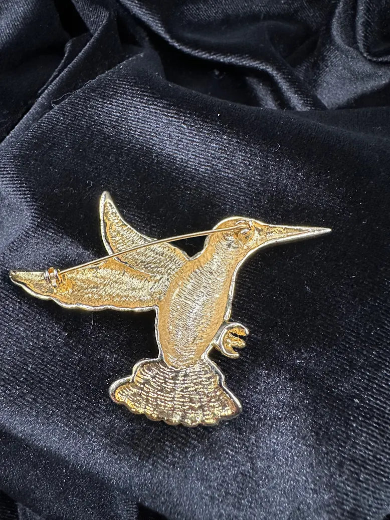 Vintage Gold Tone Enamel Hummingbird Brooch Multicolor Bird Pin Blue Green Red Statement
