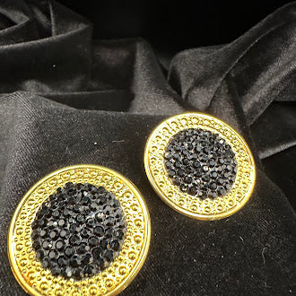 Richard Kerr Gold Tone Black Rhinestone Statement Clip Earrings Large Round Domed Designer Vintage