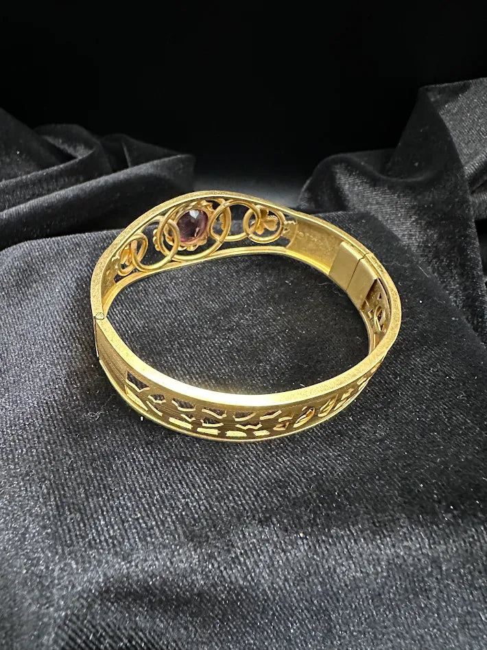 (SOLD) Vintage Victorian Revival Gold Tone Amethyst Glass Bangle Bracelet Openwork Filigree