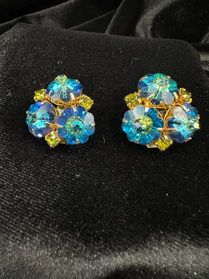 Gold Tone Blue Aurora Borealis Crystal Cluster Clip Earrings Floral Rhinestone Vintage Statement Jewelry