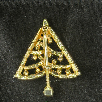 Unsigned Vintage Rhinestone Christmas Tree Brooch Multicolor Holiday Pin Gold Tone Openwork Tree with Crystal Drop