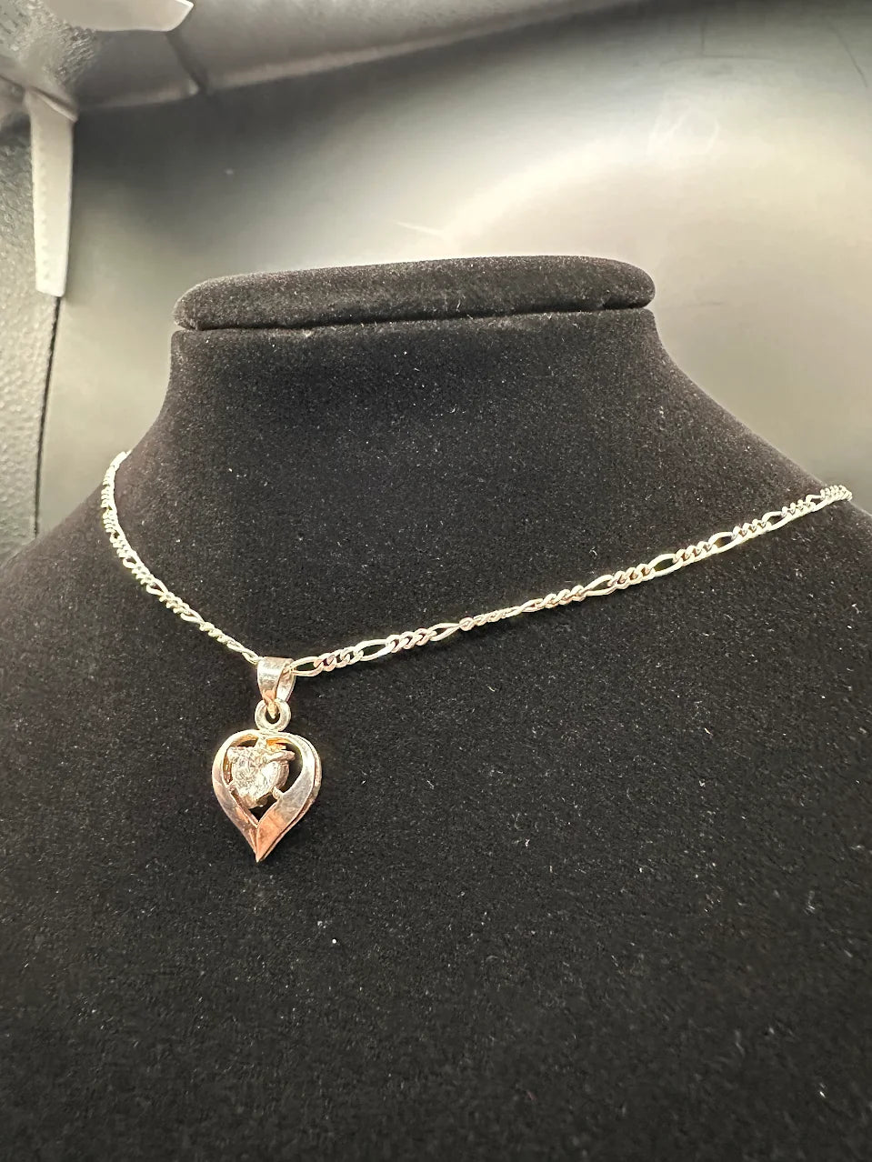 925 Italy Sterling Silver Heart Pendant Necklace Clear Stone Romantic Design