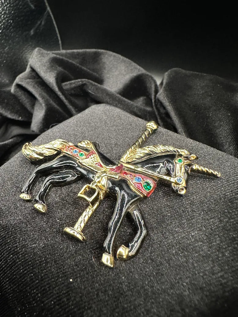 Vintage Enamel Carousel Horse Brooch Black Gold Tone Rhinestone Saddle Equestrian Pin