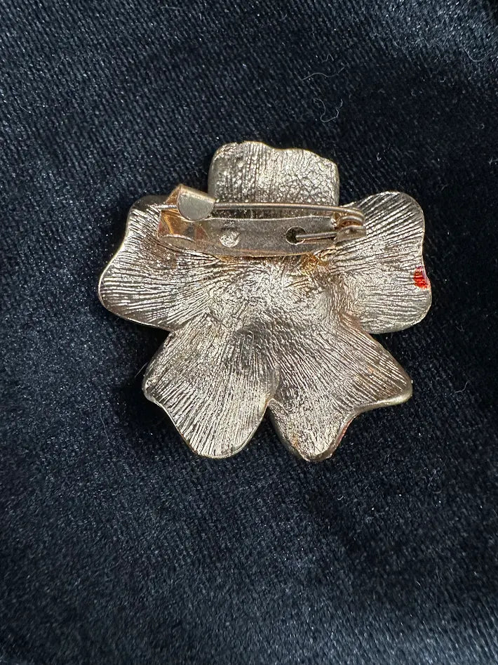 Large Red Enamel Flower Brooch Aurora Borealis Crystal Center Gold Tone Floral Pin Statement
