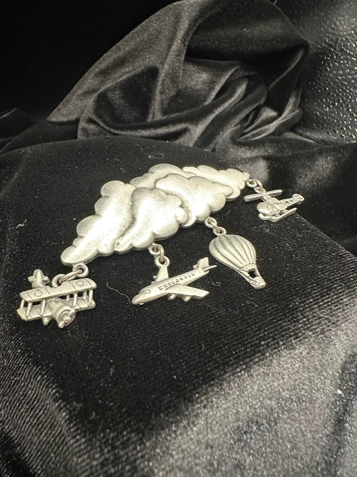 JJ Signed Airplane Brooch Cloud Dangle Pin Jonette Jewelry Hot Air Balloon Helicopter Whimsical