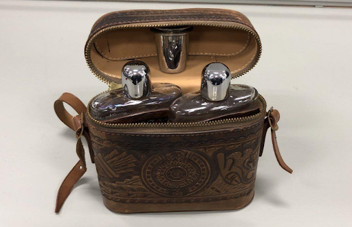 Vintage Leather Flask Set with Whisky and Cognac Bottles, Travel Bar Kit with Case & Cups
