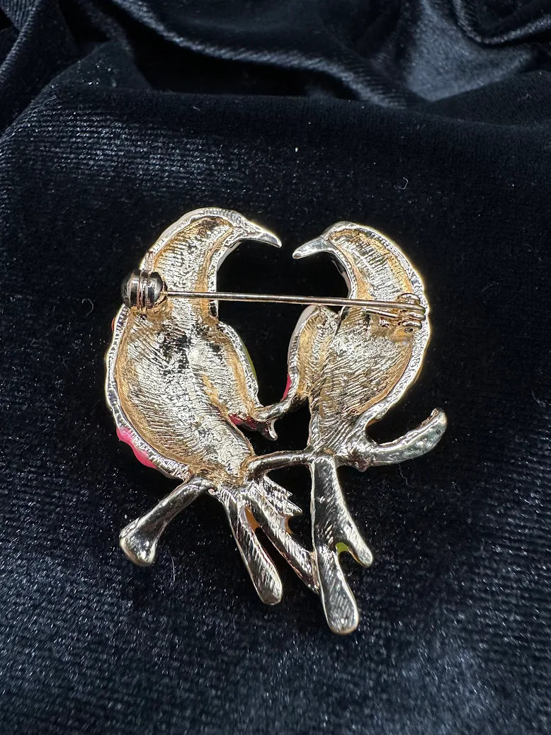 Vintage Gold Tone Enamel Lovebird Brooch Double Bird Pin Pink Orange Rhinestone Accent