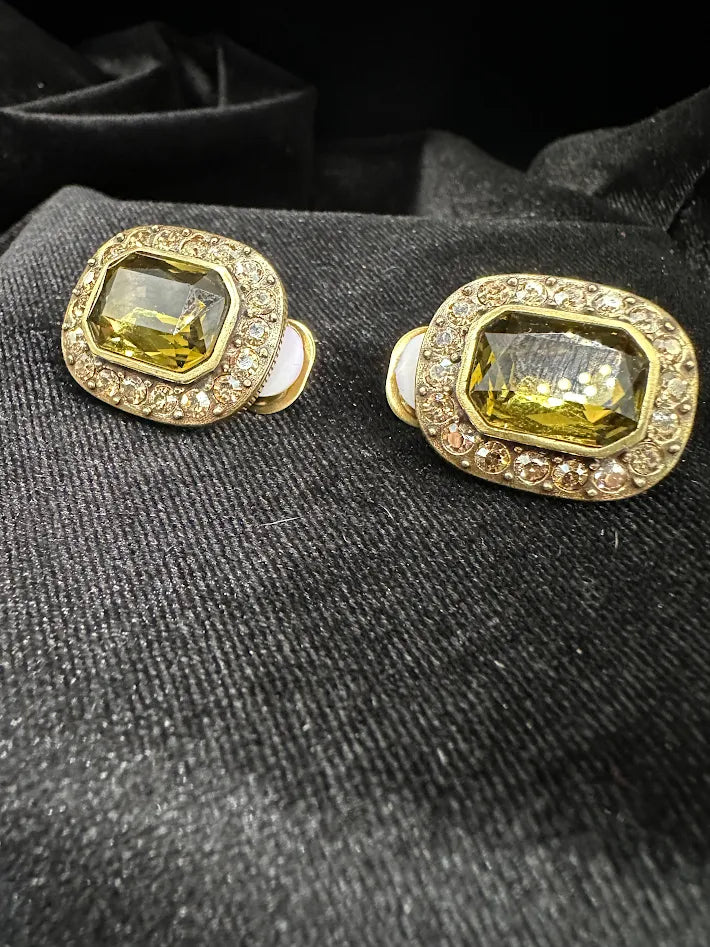 Heidi Daus Green Crystal Clip Earrings Gold Tone Rhinestone Halo Statement Designer Cushion Cut