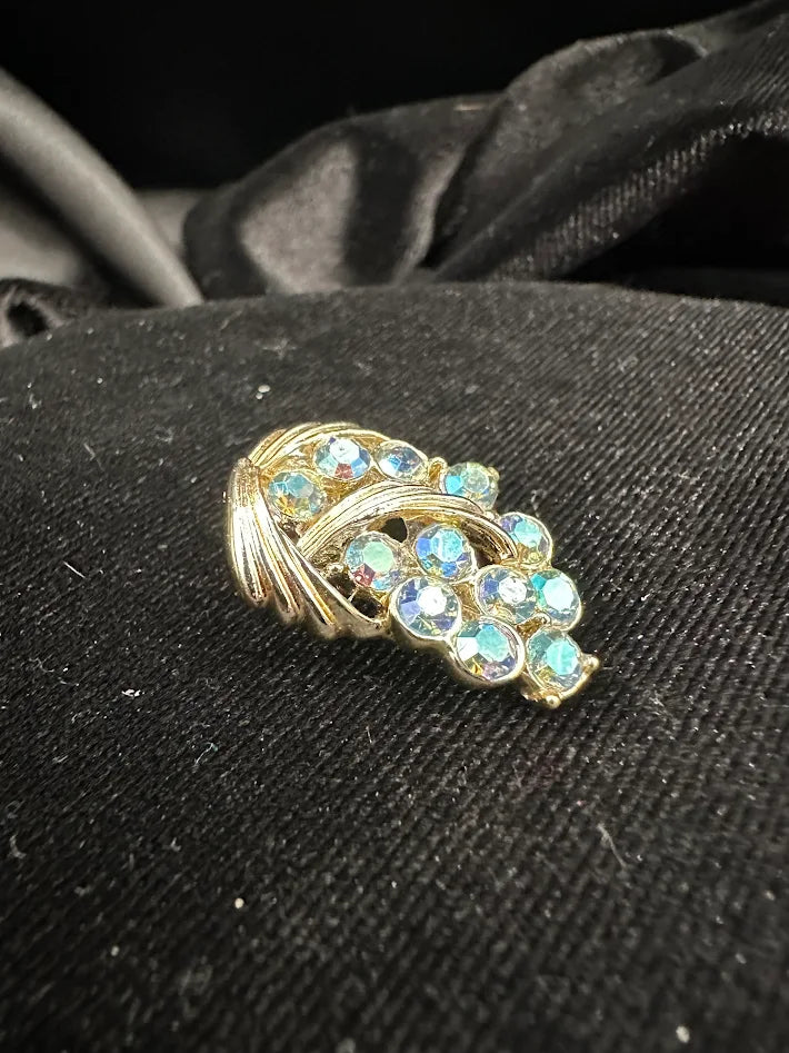 Vintage Silver Tone Aurora Borealis Rhinestone Clip Earrings AB Crystal Cluster Curved Ribbon Design Statement