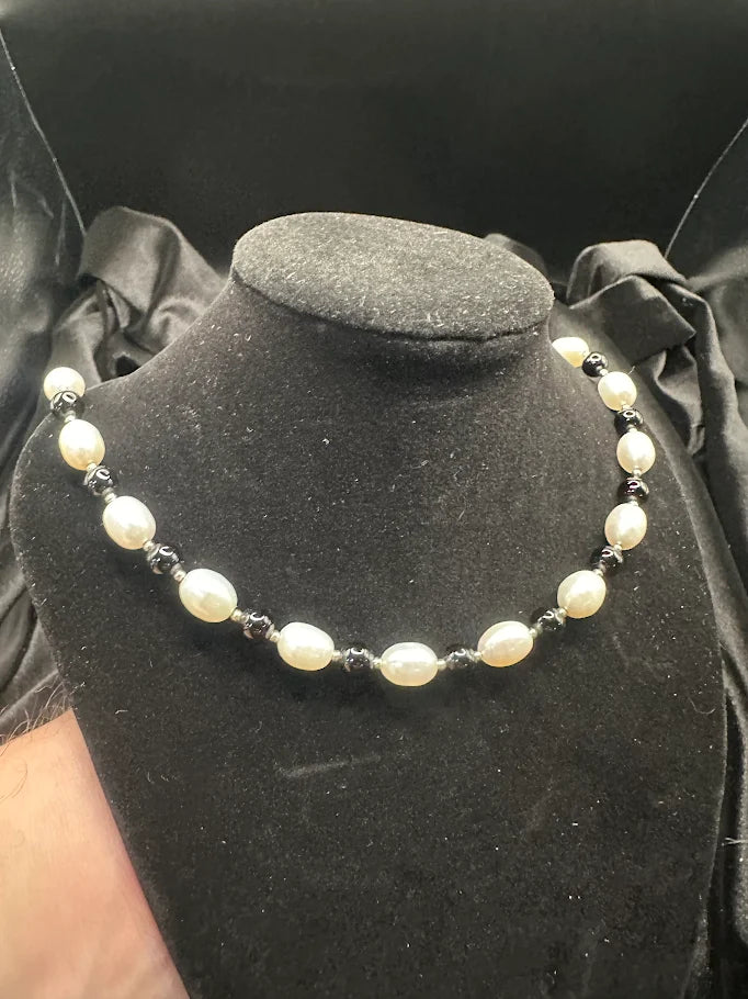 Cream Pearl Style and Black Bead Necklace with Silver Tone Clasp