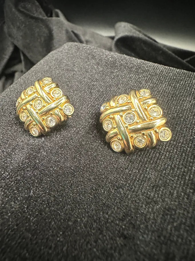 Swarovski Gold Tone Crystal Basketweave Clip Earrings | Signed Designer Statement Earrings