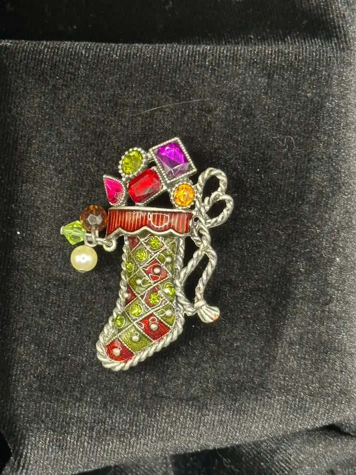 Vintage Kenneth Cole Christmas Stocking Brooch Multicolor Rhinestone Holiday Pin